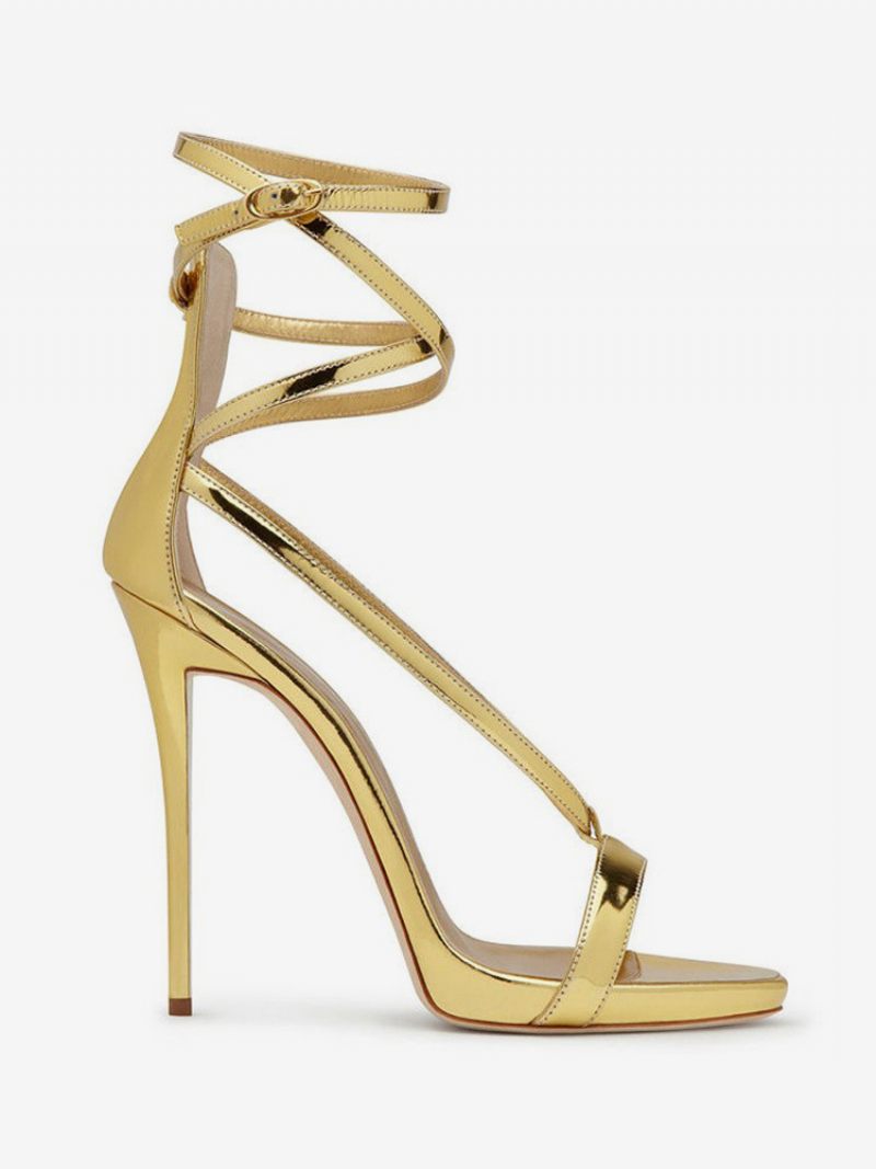 Sandales À Talons Hauts Argentées Pour Femmes Chaussures Soirée Bal Avec Bride La Cheville Croisée Métallique - Or