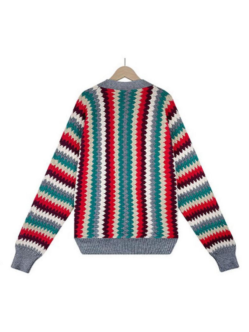 Cardigan Tricoté Couleurs Arc-en-ciel Manches Longues Boutons Coupe Décontractée Vêtements D'extérieur Courts Pour Femmes Printemps-automne - Gris