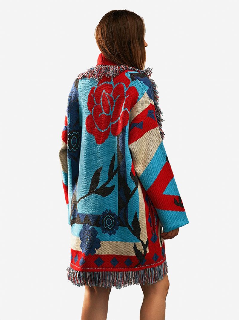 Cardigans Jacquard Bleu Pour Femmes Pull Bohème Avec Ceinture Et Pompons Inspirés Des Fleurs - Bleu
