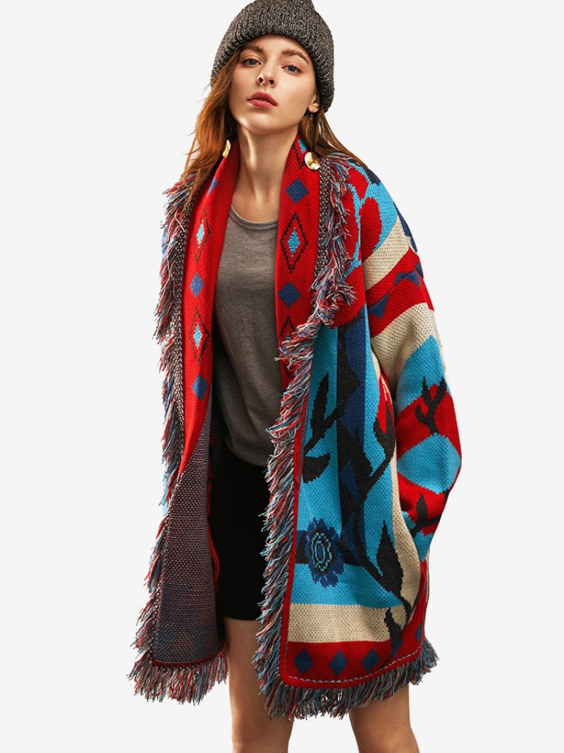 Cardigans Jacquard Bleu Pour Femmes Pull Bohème Avec Ceinture Et Pompons Inspirés Des Fleurs - Bleu