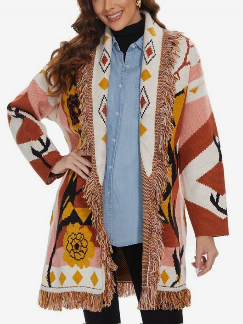 Cardigans Jacquard Bleu Pour Femmes Pull Bohème Avec Ceinture Et Pompons Inspirés Des Fleurs - Rose