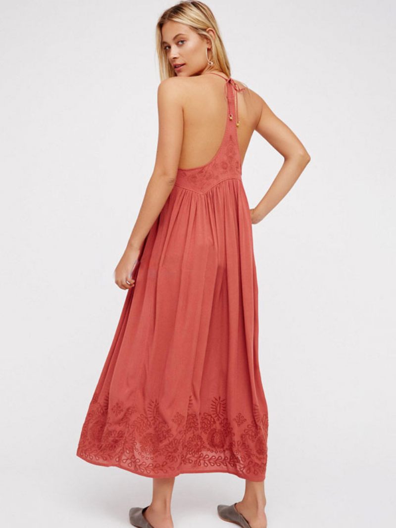Boho Robe Bretelles Cou Sans Manches Corail Bohème Gitane Plage Vacances Été Longue À Enfiler Pour Les Femmes - Corail