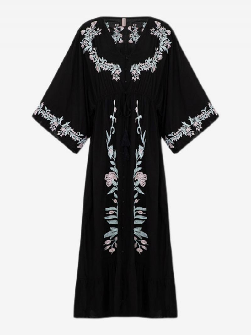 Robe Boho Col V Profond Manches 3/4 Longueur Noire Brodée Bohème Gitane Plage Vacances Coton Printemps Été Longue Pour Les Femmes - Noir