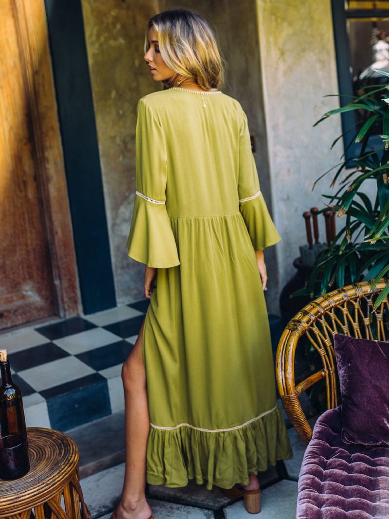 Robe Boho Pour Femmes Col V Imprimé Floral - Vert