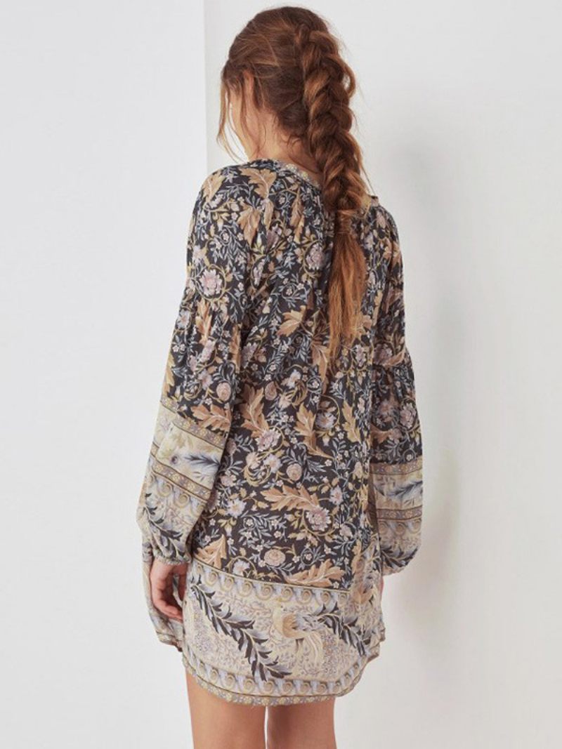 Robe Boho Pour Femmes Col V Manches Lanternes Lacets Ample Décontractée Robes Villégiature - Noir