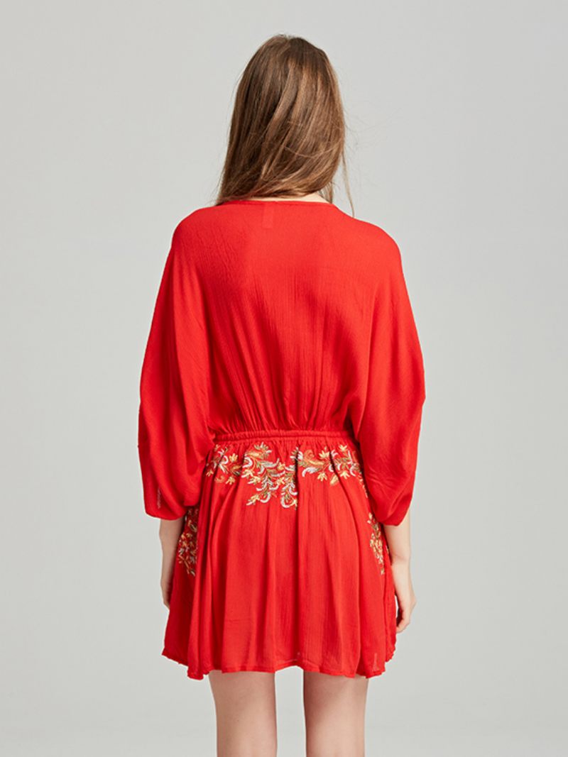 Robe Boho Rouge Coton Col V Profond Manches Longues Trompette Bohème Gypsy Brodé Vacances Printemps Automne Mini Plage Pour Femmes - Rouge