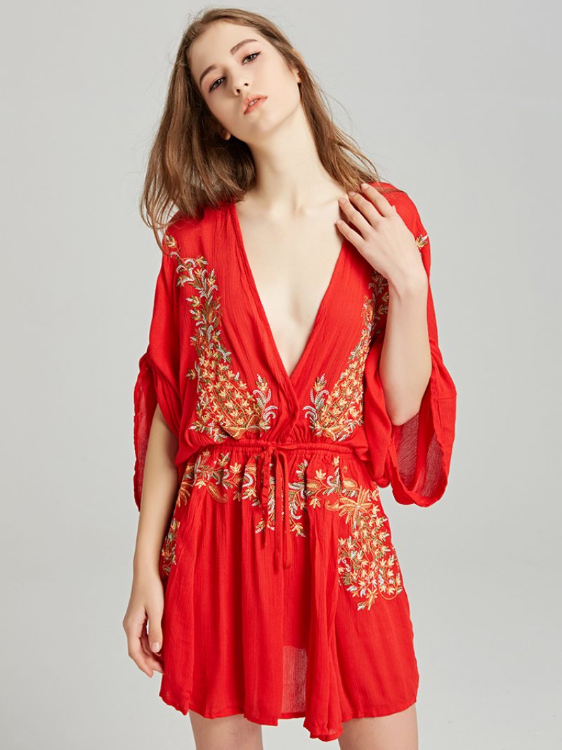 Robe Boho Rouge Coton Col V Profond Manches Longues Trompette Bohème Gypsy Brodé Vacances Printemps Automne Mini Plage Pour Femmes - Rouge