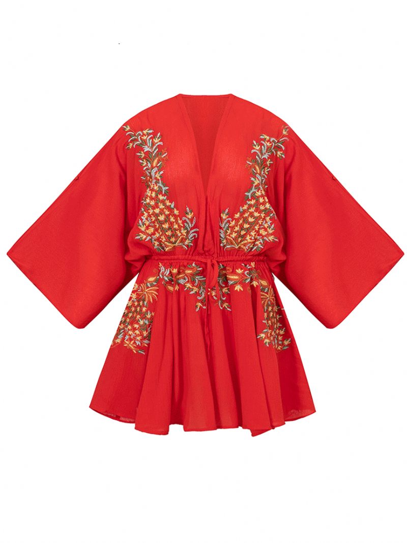 Robe Boho Rouge Coton Col V Profond Manches Longues Trompette Bohème Gypsy Brodé Vacances Printemps Automne Mini Plage Pour Femmes - Rouge