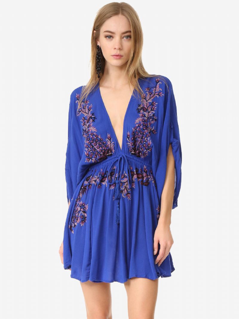Robe Boho Rouge Coton Col V Profond Manches Longues Trompette Bohème Gypsy Brodé Vacances Printemps Automne Mini Plage Pour Femmes - Bleu