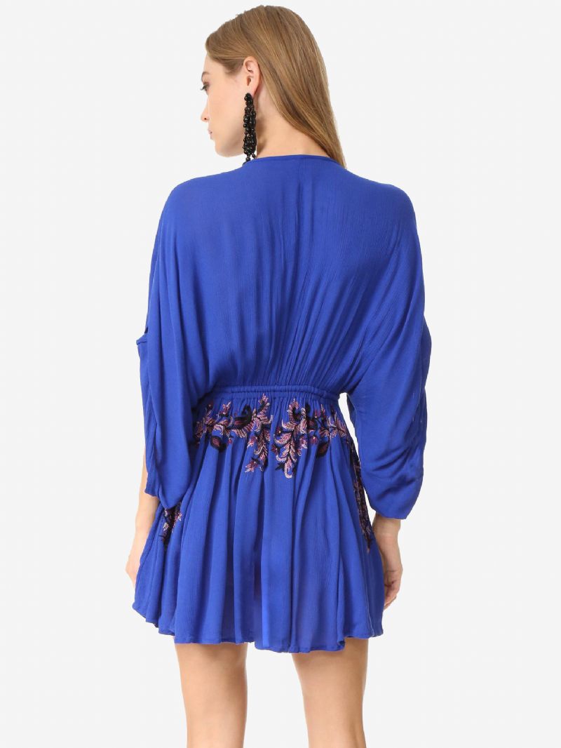 Robe Boho Rouge Coton Col V Profond Manches Longues Trompette Bohème Gypsy Brodé Vacances Printemps Automne Mini Plage Pour Femmes - Bleu