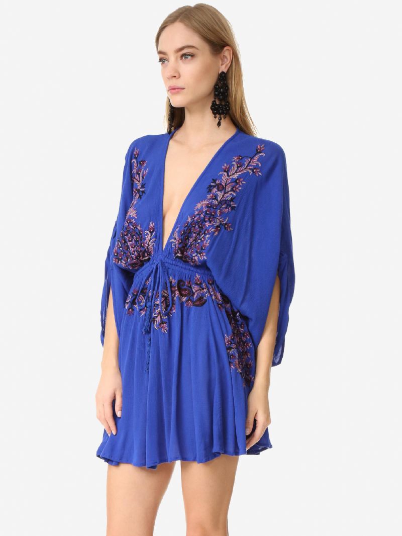 Robe Boho Rouge Coton Col V Profond Manches Longues Trompette Bohème Gypsy Brodé Vacances Printemps Automne Mini Plage Pour Femmes - Bleu