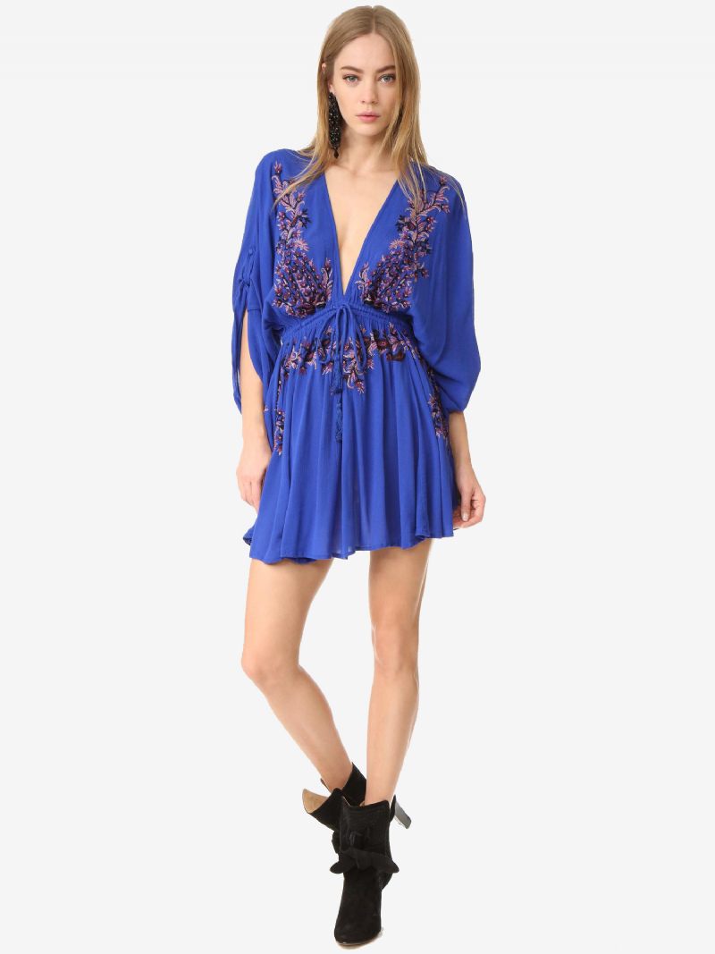 Robe Boho Rouge Coton Col V Profond Manches Longues Trompette Bohème Gypsy Brodé Vacances Printemps Automne Mini Plage Pour Femmes - Bleu