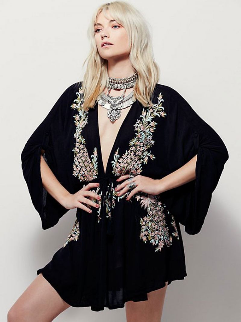 Robe Boho Rouge Coton Col V Profond Manches Longues Trompette Bohème Gypsy Brodé Vacances Printemps Automne Mini Plage Pour Femmes - Noir