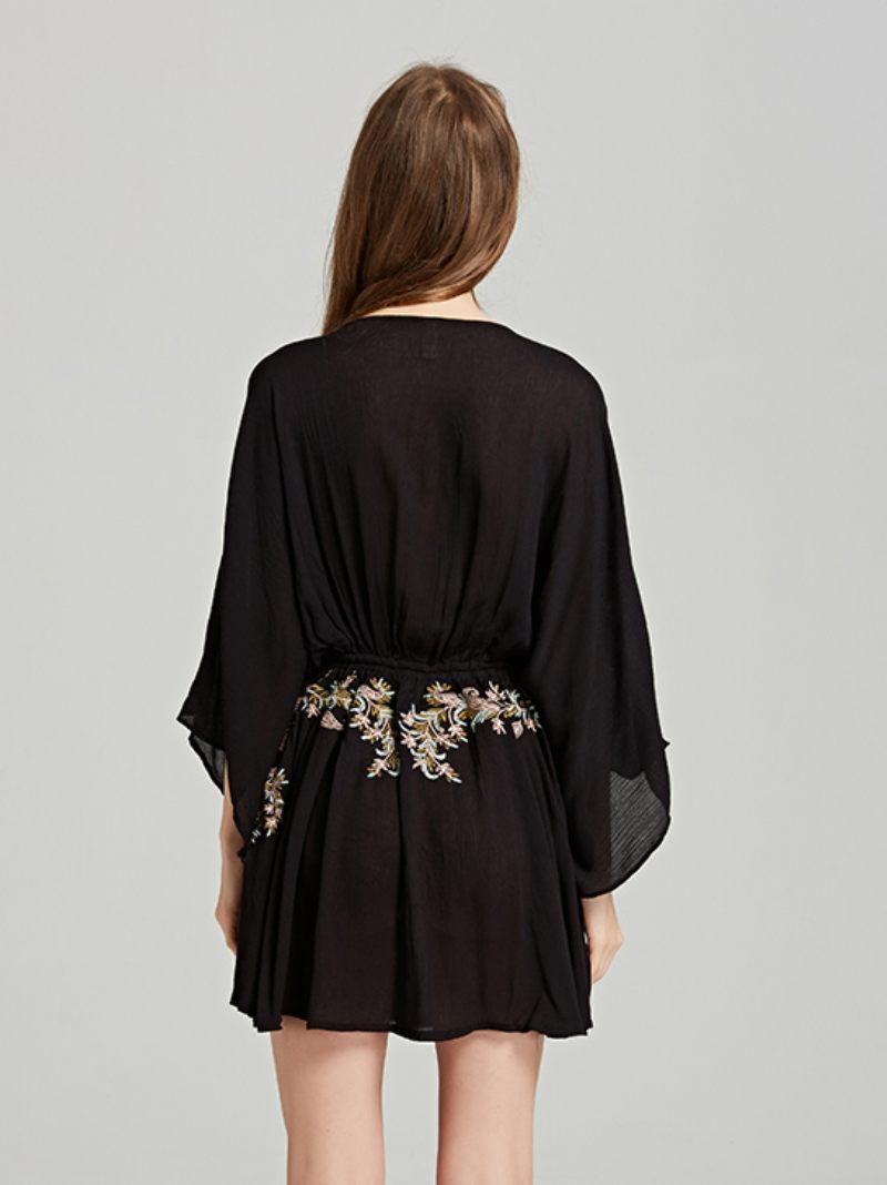 Robe Boho Rouge Coton Col V Profond Manches Longues Trompette Bohème Gypsy Brodé Vacances Printemps Automne Mini Plage Pour Femmes - Noir