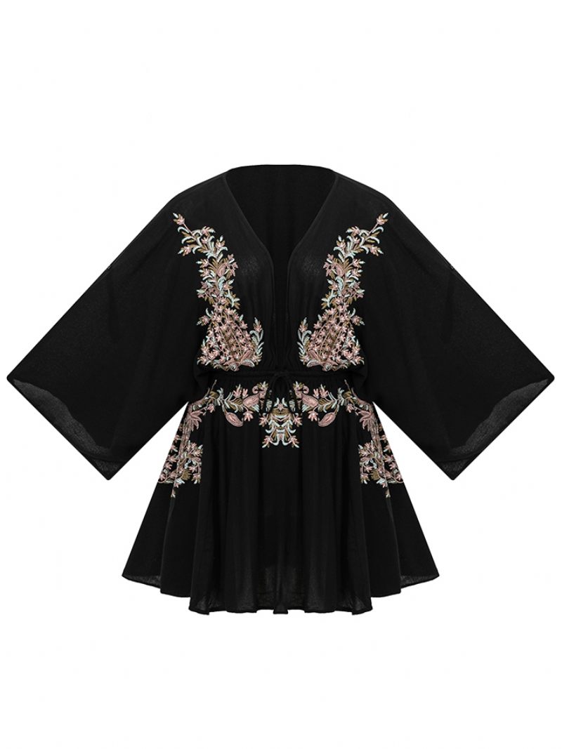 Robe Boho Rouge Coton Col V Profond Manches Longues Trompette Bohème Gypsy Brodé Vacances Printemps Automne Mini Plage Pour Femmes - Noir