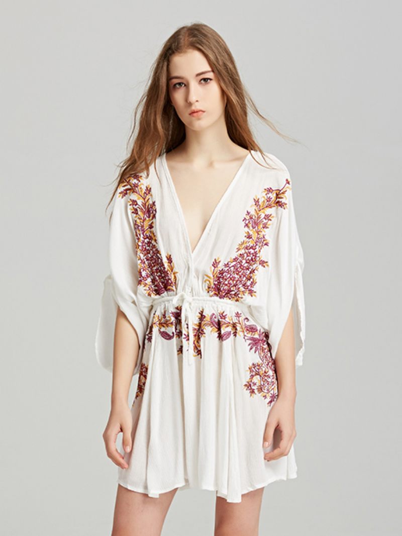 Robe Boho Rouge Coton Col V Profond Manches Longues Trompette Bohème Gypsy Brodé Vacances Printemps Automne Mini Plage Pour Femmes - Blanc