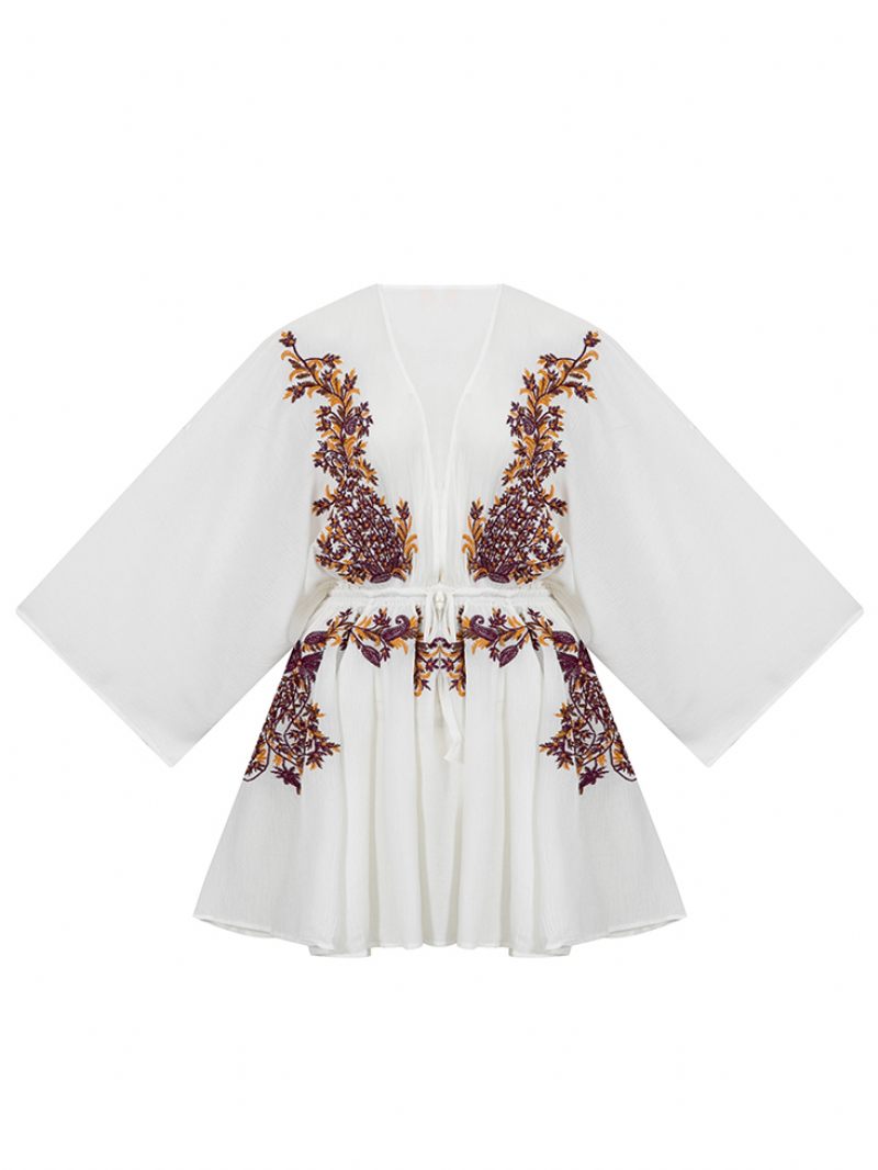 Robe Boho Rouge Coton Col V Profond Manches Longues Trompette Bohème Gypsy Brodé Vacances Printemps Automne Mini Plage Pour Femmes - Blanc