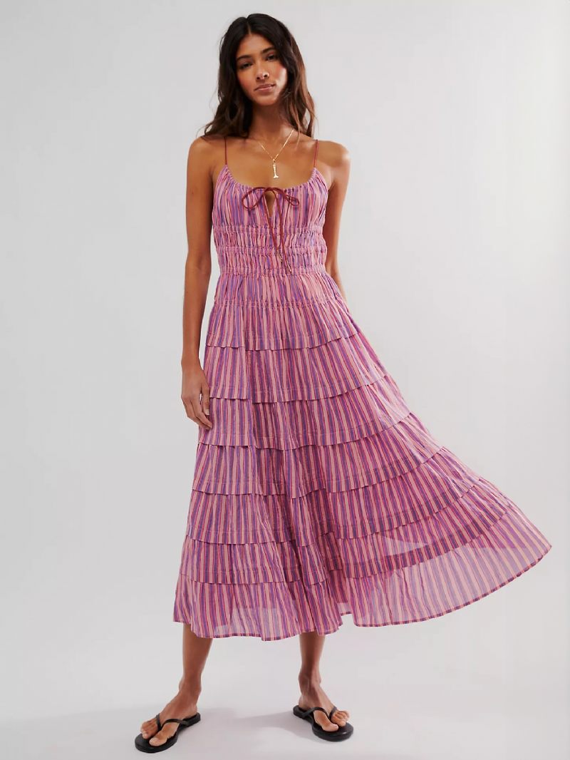 Robe Florale Pour Femmes Robes Maxi Bloc Couleur Bretelles Spaghetti Nouées Cou Sans Manches Dos Nu Couture Ouverte Chic Automne Longue - Rose