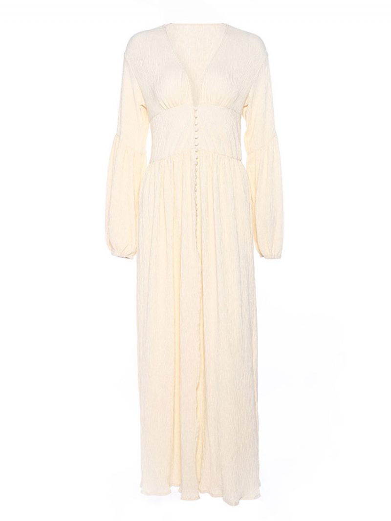 Robe Longue Pour Femmes Col V Manches Longues Longueur Au Sol - Jaune Clair