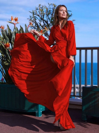 Robes Longues Pour Femmes Col V Manches Robe Sexy À Fente Haute Longueur Au Sol