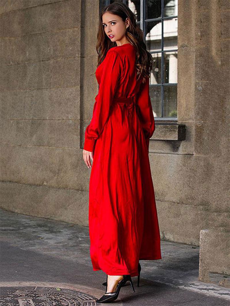 Robes Longues Pour Femmes Col V Manches Robe Sexy À Fente Haute Longueur Au Sol - Rouge