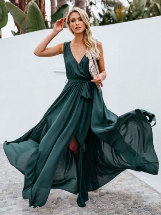Robes Soirée Pour Femmes Bleu Marine Foncé Col V À Lacets Sans Manches Fente Haute Robe Semi-formelle