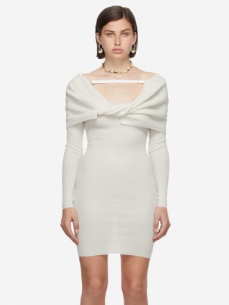 Robe Moulante Blanche Pour Femmes Manches Longues Mini-robe Crayon Torsadée Sur Le Devant