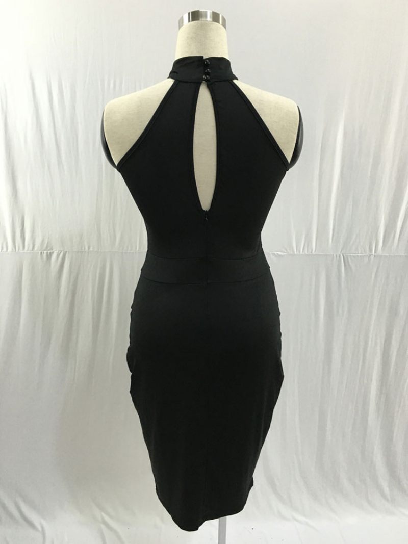 Robe Moulante Noire Pour Femmes Dos Nu Plissée Nouée Décontractée Sans Manches Mi-longue Robes Portefeuille Crayon - Noir