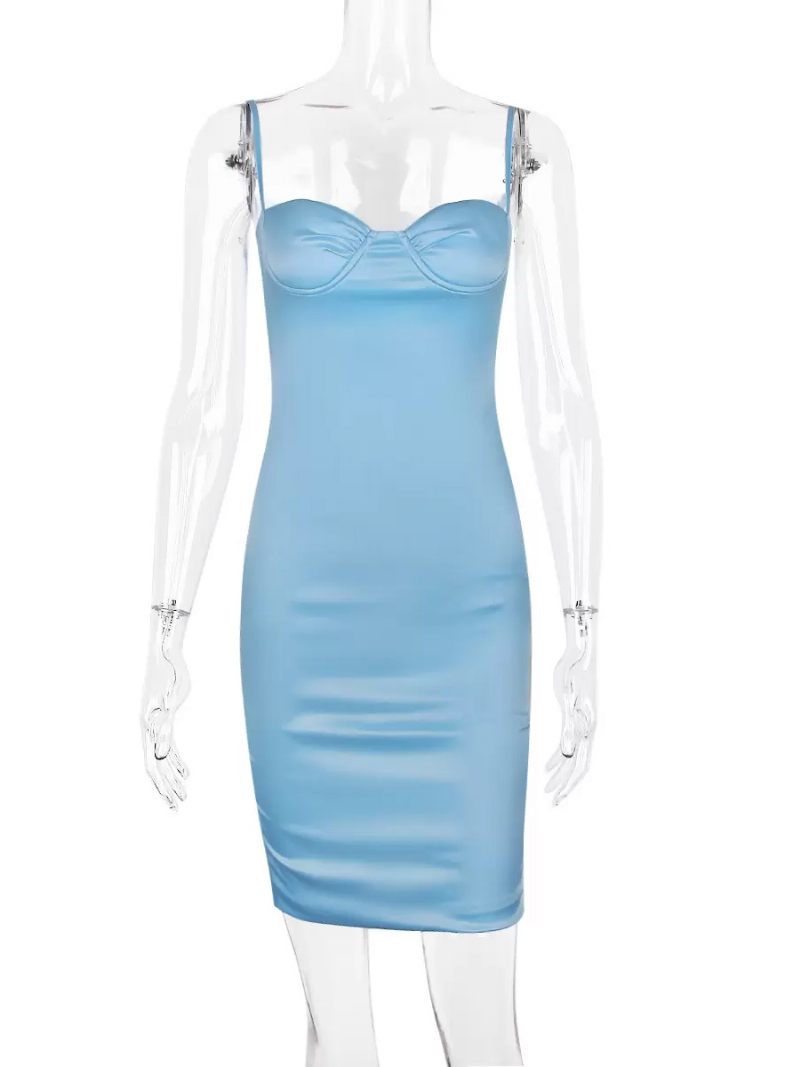 Robes Moulantes Pour Femmes Bleu Ciel Clair Bretelles Col Plissé Fente Basse Robe Crayon Sexy Sans Manches - Bleu Ciel Clair