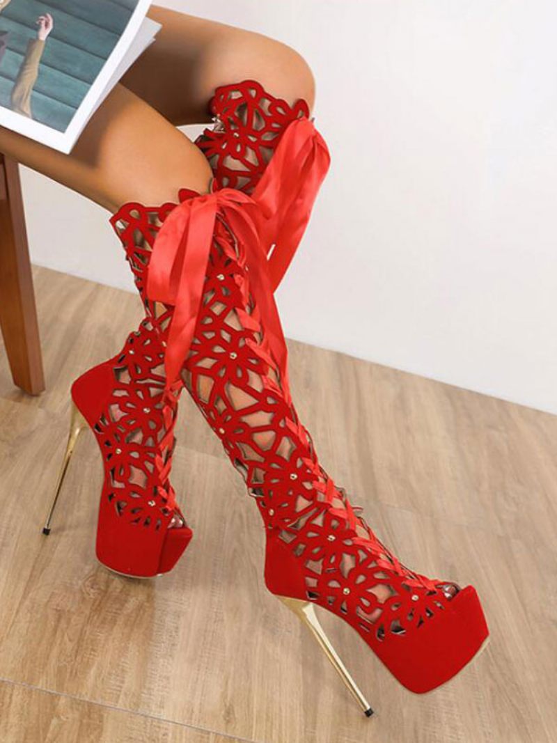 Bottes Hautes D'été À Lacets Ajourés Pour Femmes Avec Plateforme - Rouge