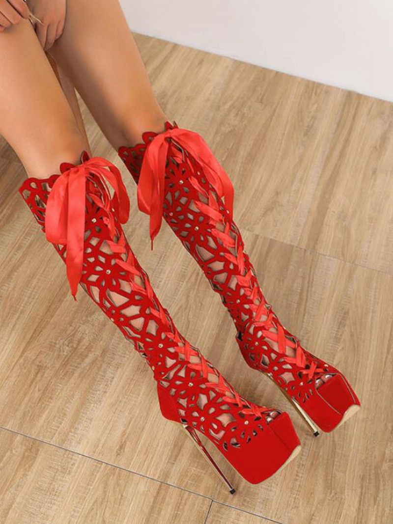 Bottes Hautes D'été À Lacets Ajourés Pour Femmes Avec Plateforme - Rouge