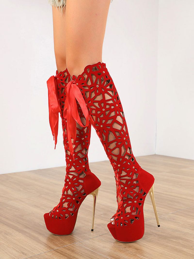 Bottes Hautes D'été À Lacets Ajourés Pour Femmes Avec Plateforme - Rouge