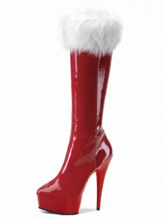 Bottes À Plateforme Sexy Noël Rouge Pour Femmes Garniture Fourrure Talons Hauts Chaussures D'hiver