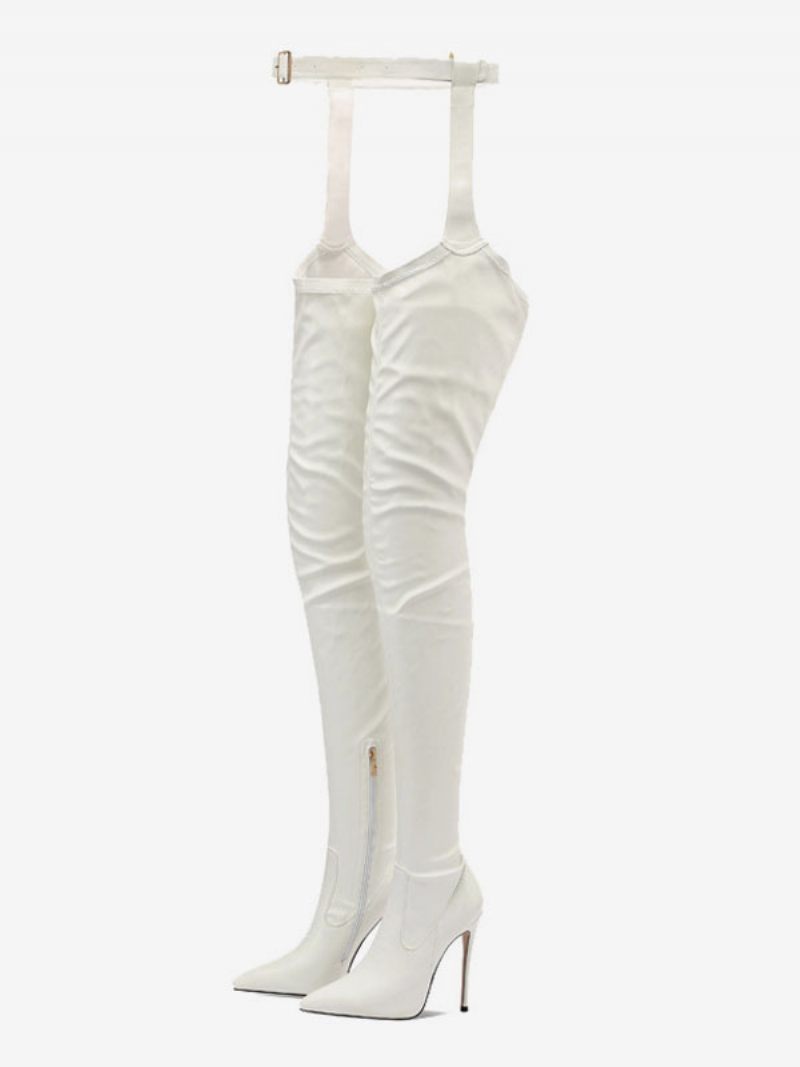 Bottes Sexy Pour Femmes Bout Pointu Boucle À Enfiler Talon Aiguille Au-dessus Du Genou Cuissardes Noires - Blanc