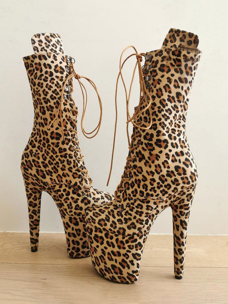 Bottes Sexy À Talons Hauts Pour Femmes Léopard Bout Rond Fermeture Éclair Boucle Plateforme Lacets Grande Taille