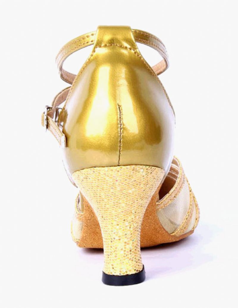 Chaussures Danse Cuir À Bout Pointu Pour Femmes Salle Bal Professionnelles Avec Sangle La Cheville 2024 - Or