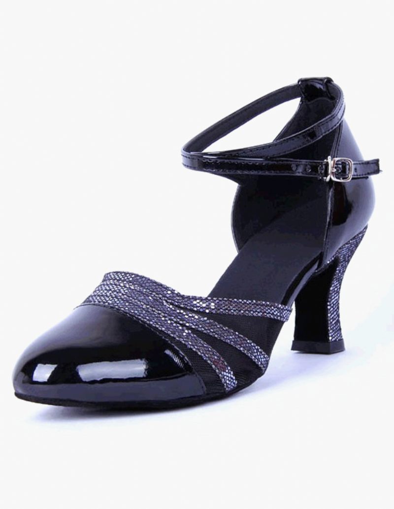 Chaussures Danse Cuir À Bout Pointu Pour Femmes Salle Bal Professionnelles Avec Sangle La Cheville 2024 - Noir