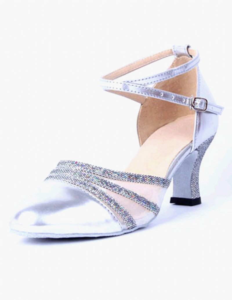 Chaussures Danse Cuir À Bout Pointu Pour Femmes Salle Bal Professionnelles Avec Sangle La Cheville 2024 - Argent