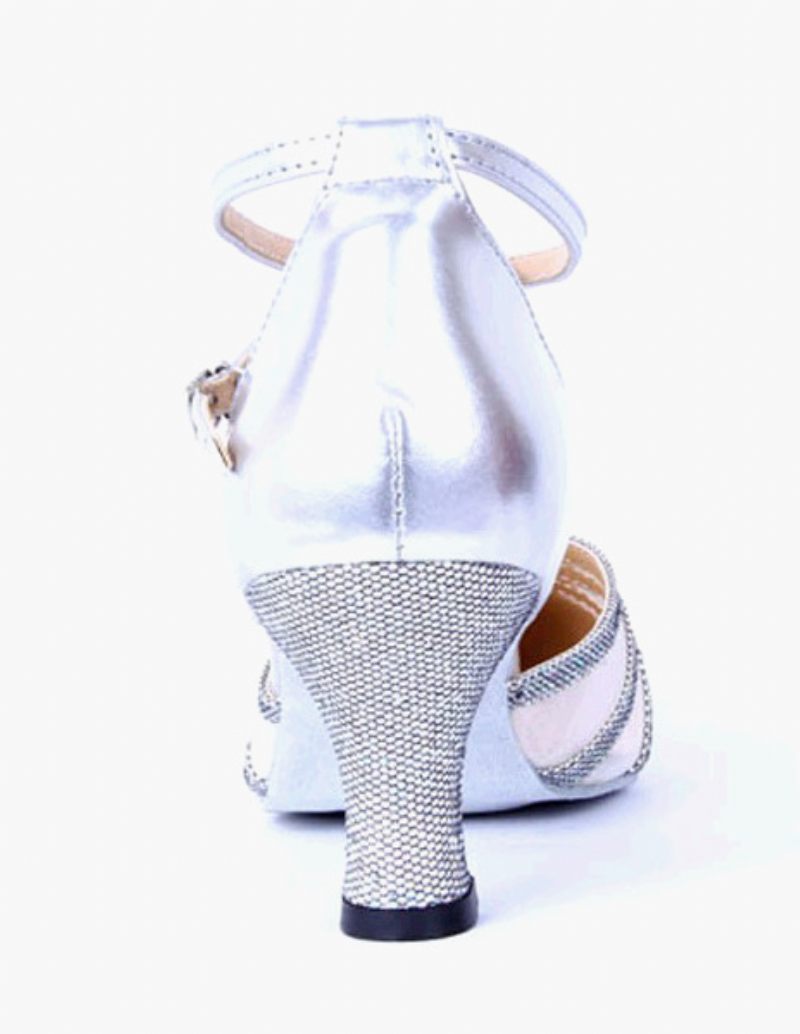 Chaussures Danse Cuir À Bout Pointu Pour Femmes Salle Bal Professionnelles Avec Sangle La Cheville 2024 - Argent