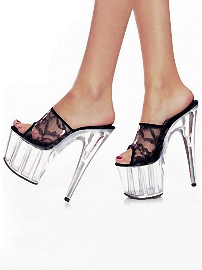 Chaussures Pole Dance Pour Femmes Sandales Sexy Dentelle Blanche Bout Ouvert Talon Conique Mules À Talons Hauts Strip-teaseuse - Transparent