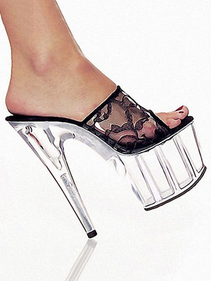 Chaussures Pole Dance Pour Femmes Sandales Sexy Dentelle Blanche Bout Ouvert Talon Conique Mules À Talons Hauts Strip-teaseuse - Transparent