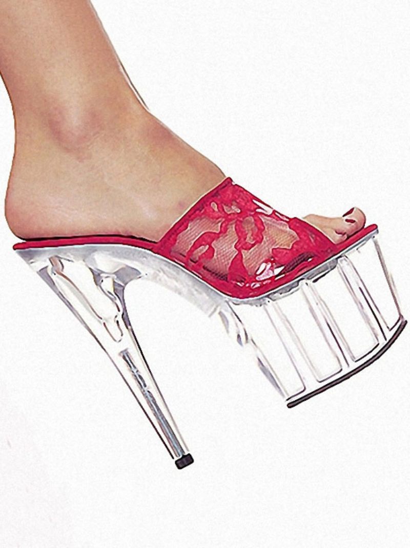 Chaussures Pole Dance Pour Femmes Sandales Sexy Dentelle Blanche Bout Ouvert Talon Conique Mules À Talons Hauts Strip-teaseuse - Rouge