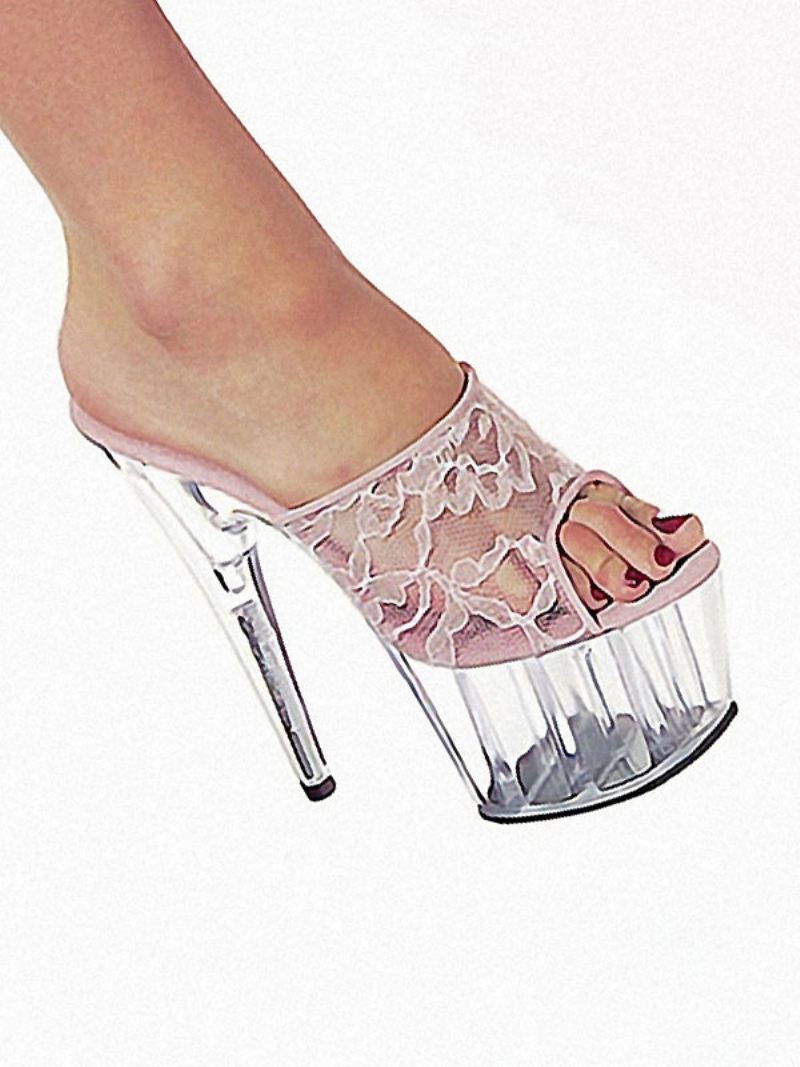 Chaussures Pole Dance Pour Femmes Sandales Sexy Dentelle Blanche Bout Ouvert Talon Conique Mules À Talons Hauts Strip-teaseuse - Rose