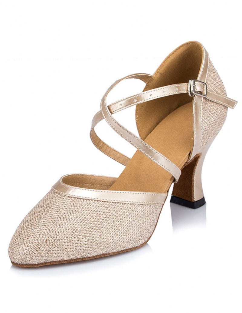 Chaussures Salle Bal Champagne Pour Femmes Danse Salsa À Paillettes Talons Hauts Croisés Bout Pointu