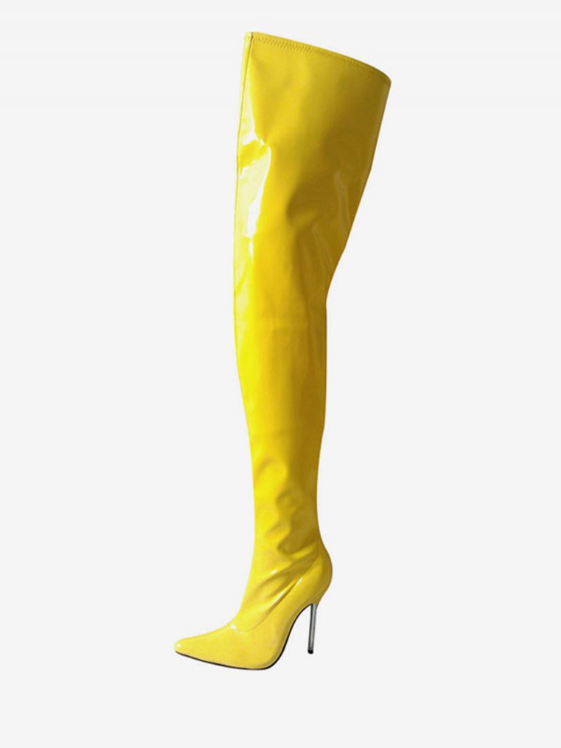 Chaussures Sexy Rouges Femmes Bout Pointu Talon Aiguille Sur Les Bottes Au Genou À Talons Hauts Cuissardes - Jaune