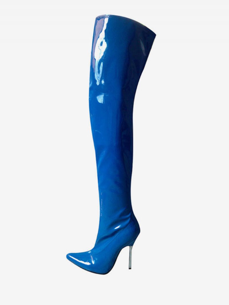 Chaussures Sexy Rouges Femmes Bout Pointu Talon Aiguille Sur Les Bottes Au Genou À Talons Hauts Cuissardes - Bleu Profond
