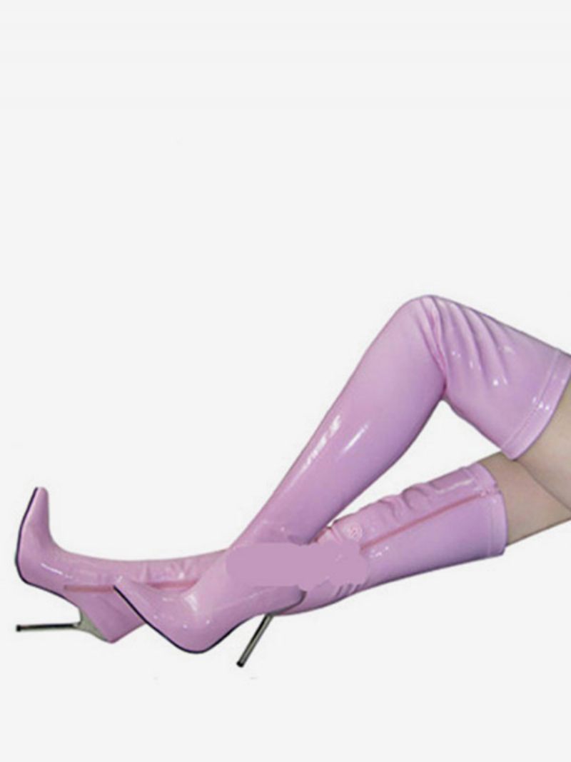 Chaussures Sexy Rouges Femmes Bout Pointu Talon Aiguille Sur Les Bottes Au Genou À Talons Hauts Cuissardes - Rose