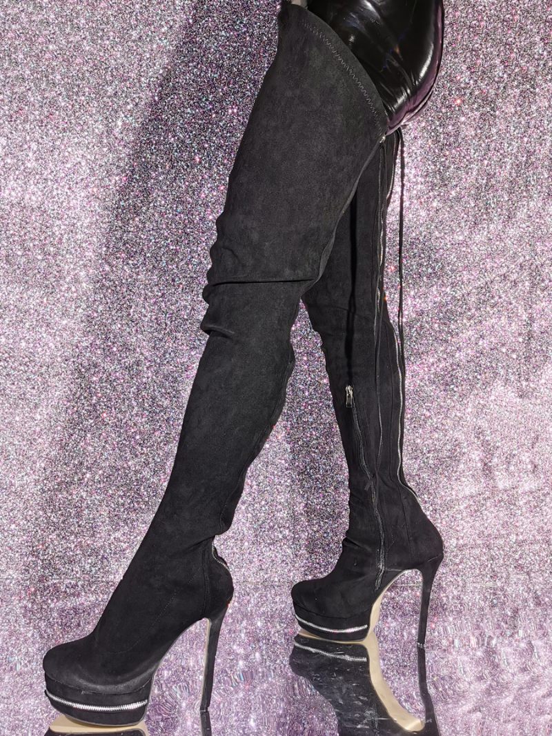 Cuissardes Daim Pour Femmes Bottes À Plateforme Noire Talons Hauts Au-dessus Du Genou