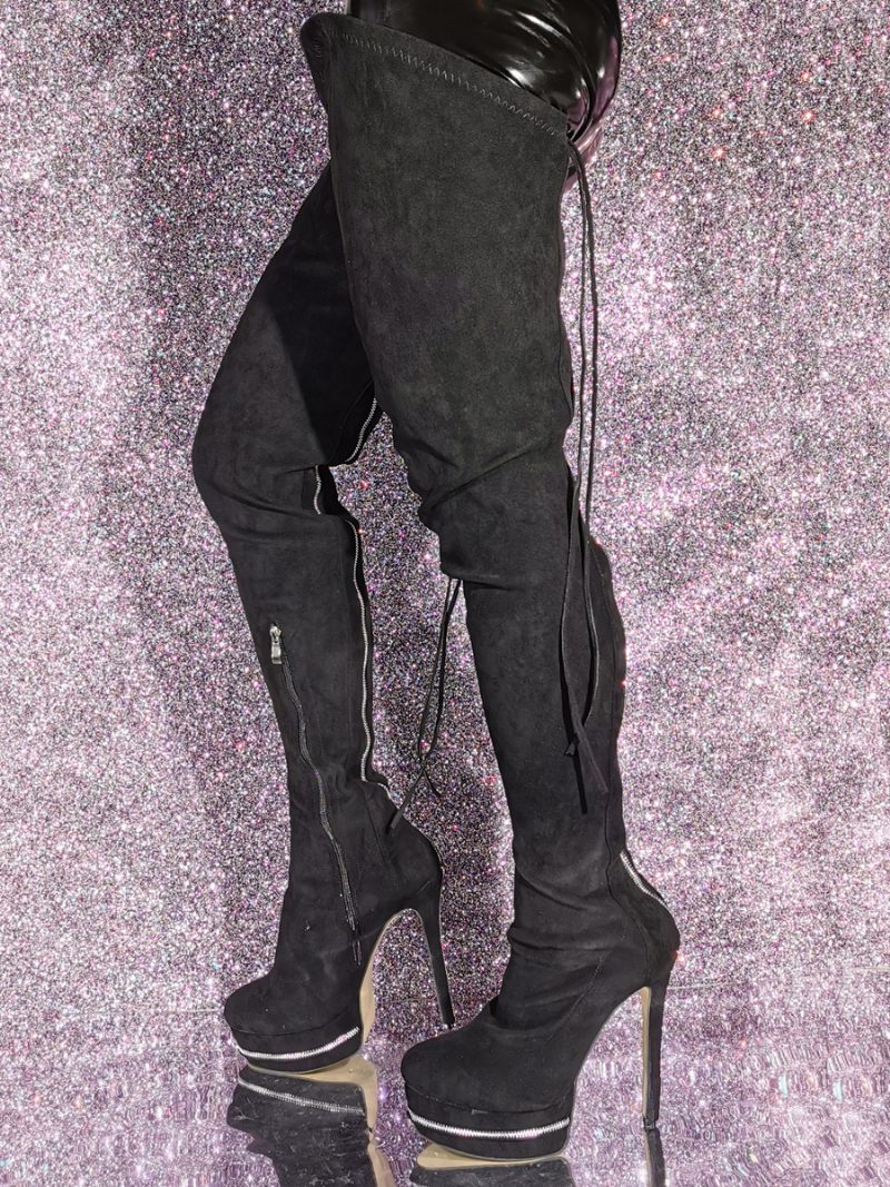 Cuissardes Daim Pour Femmes Bottes À Plateforme Noire Talons Hauts Au-dessus Du Genou - Noir