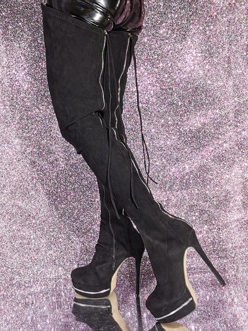 Cuissardes Daim Pour Femmes Bottes À Plateforme Noire Talons Hauts Au-dessus Du Genou - Noir